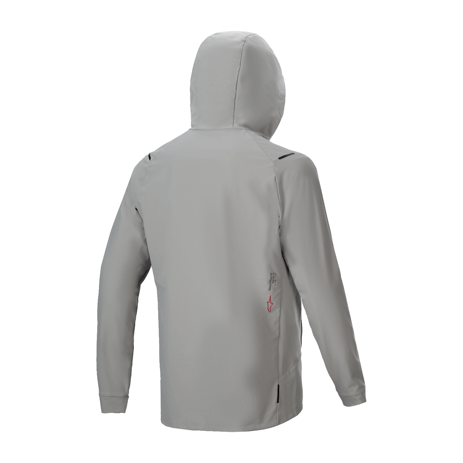 Veste thermique Alpinestars A-Dura, veste de cyclisme isolée, gris titane, vue arrière avec capuche relevée, design minimaliste avec petit logo en bas du dos, performance thermique légère pour le VTT