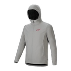 Veste thermique Alpinestars A-Dura, veste de cyclisme gris titane clair avec capuche isolée, logo rouge sur la poitrine et fermeture éclair intégrale, équipement technique de VTT pour une protection par temps froid