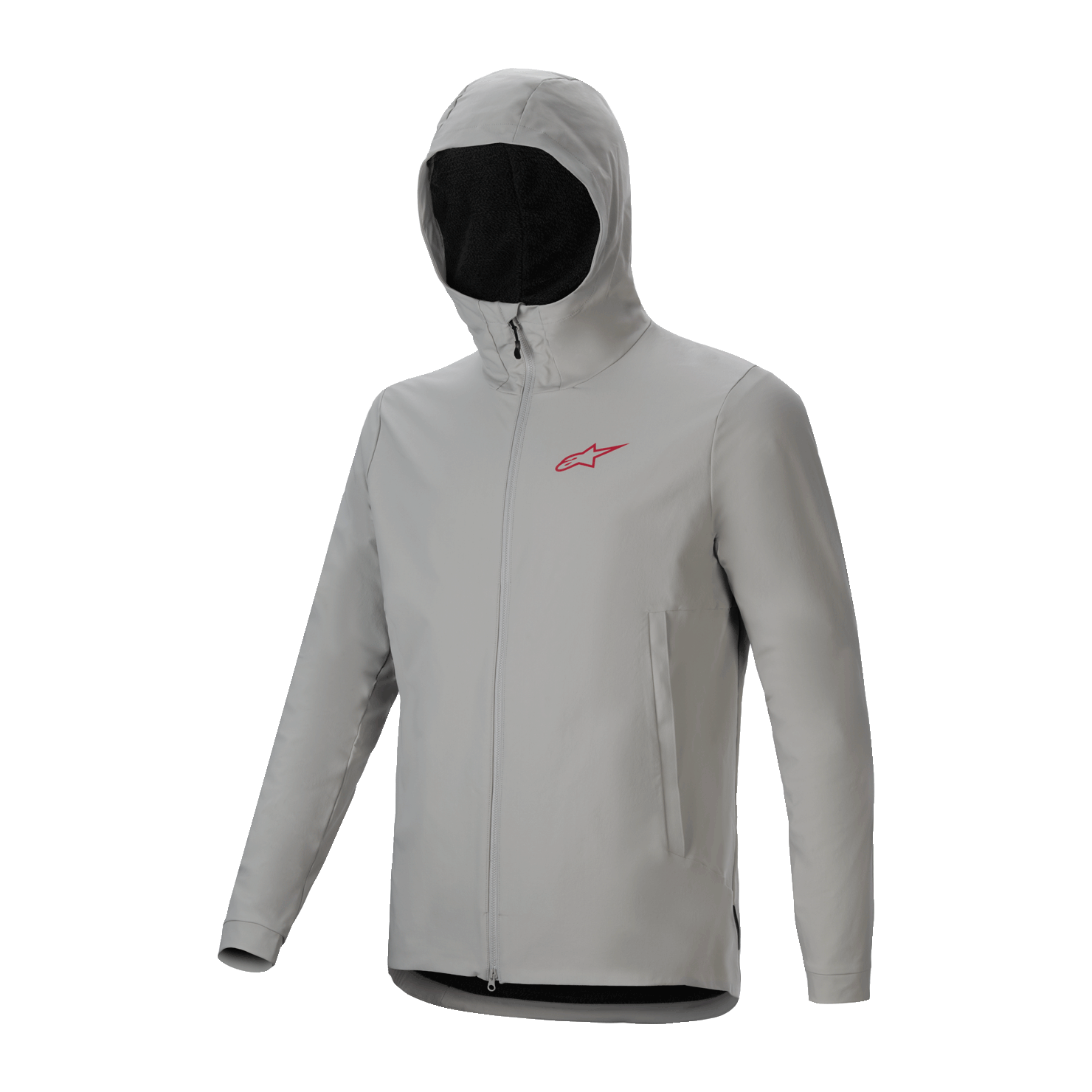 Veste thermique Alpinestars A-Dura, veste de cyclisme gris titane clair avec capuche isolée, logo rouge sur la poitrine et fermeture éclair intégrale, équipement technique de VTT pour une protection par temps froid