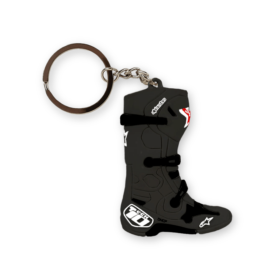 Alpinestars New Tech 10 Boot Keyfob, Black with White and Red Accents, miniature 3D replica of the iconic motocross boot, detailed molded buckles and branding, silver metal keyring