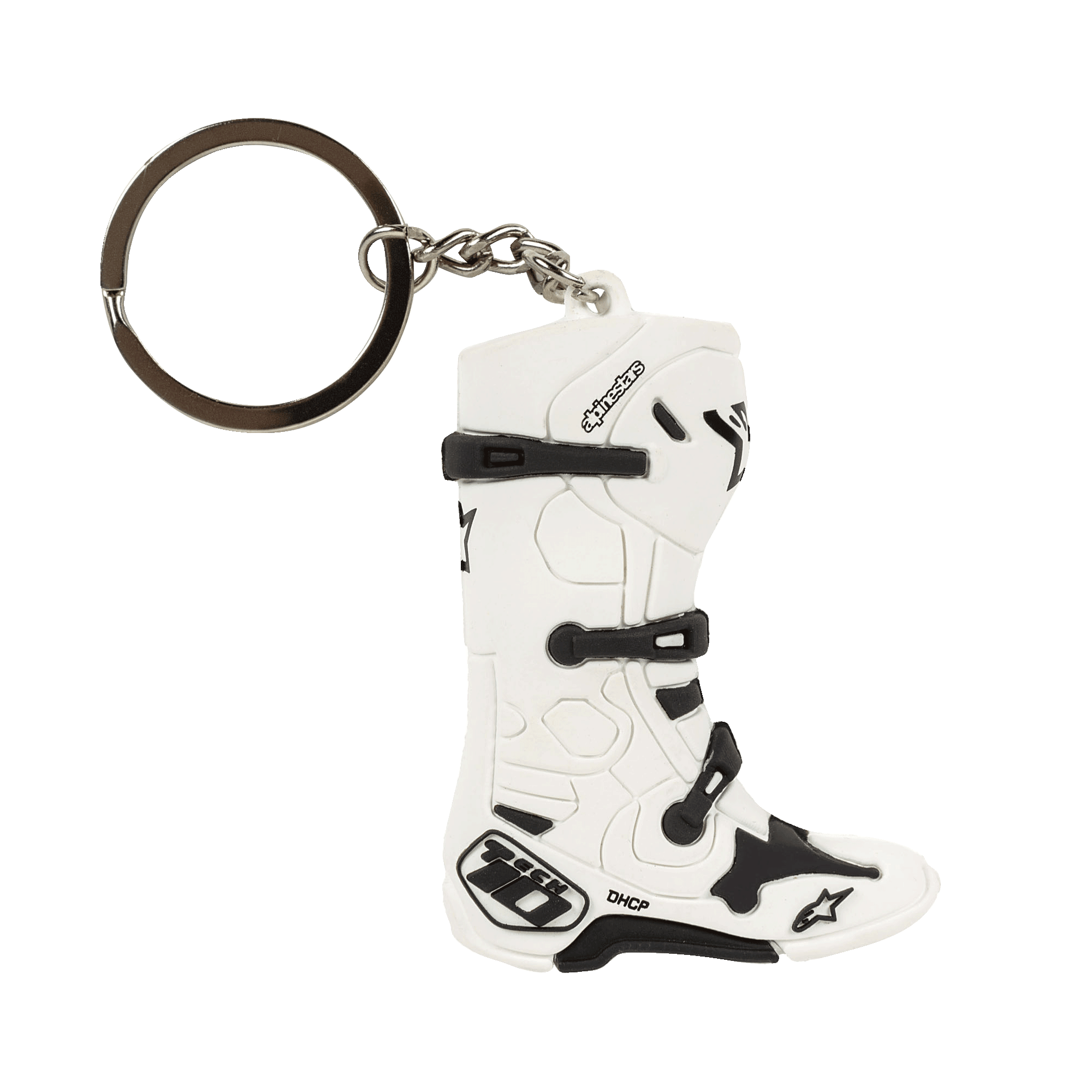 Alpinestars New Tech 10 Boot Keyfob, porte-clés miniature en 3D en forme de botte de motocross, blanc et noir, avec sangles et logos détaillés, anneau et chaîne métalliques, accessoire inspiré des sports mécaniques