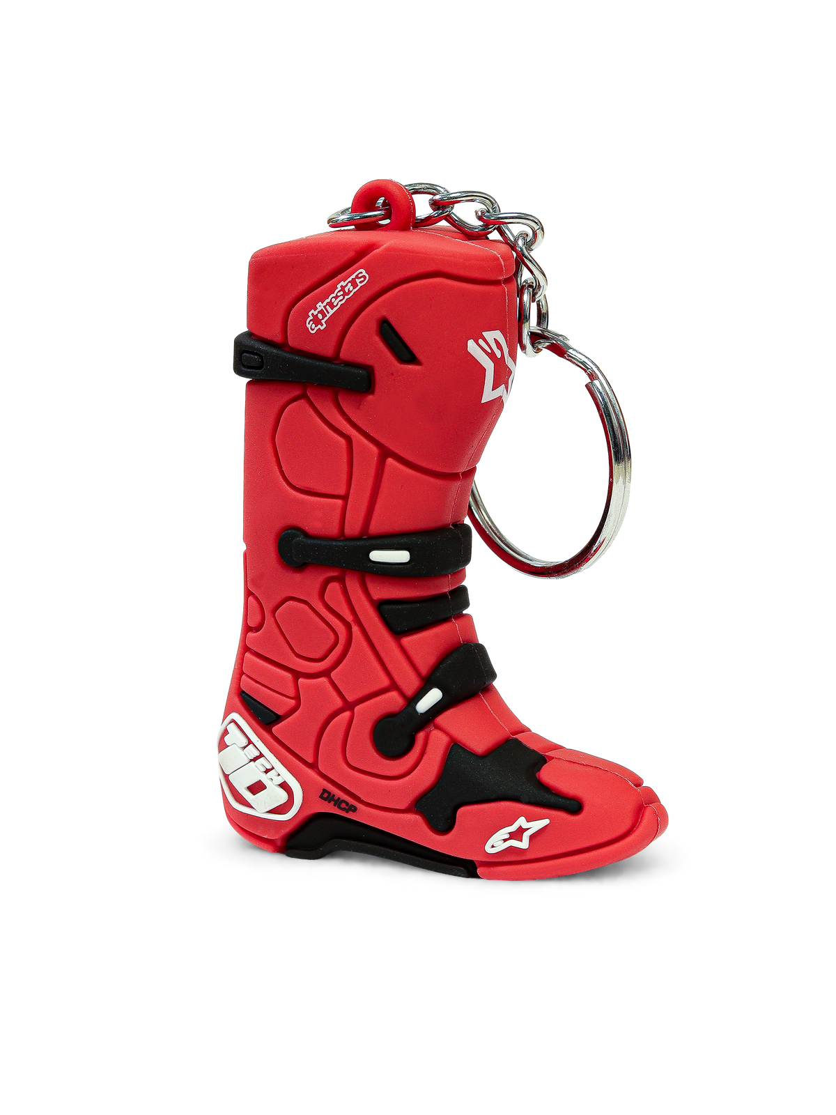 Porte-Clés Tech 10 Boot d'Alpinestars, porte-clé miniature en forme de botte de motocross, rouge et noir, design synthétique en 3D avec anneau métallique