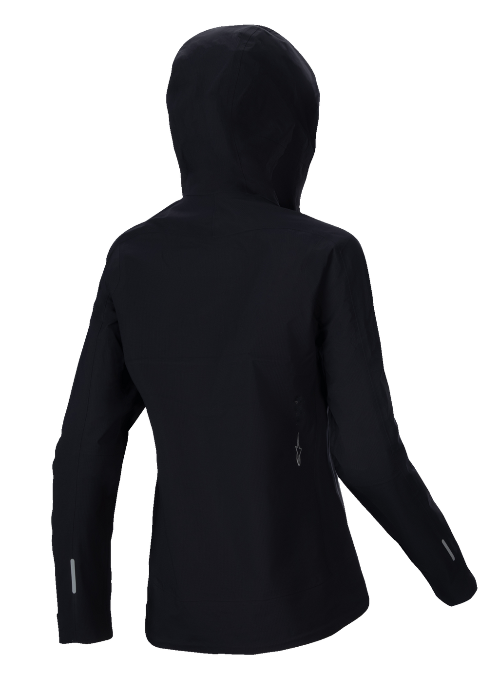 Alpinestars Stella A-Dura Elite Waterproof Jacket, Women's MTB Rain Jacket, Black, back view featuring the over-the-helmet hood, reflective accents on sleeves and lower back, durable ripstop textile for all-weather trail riding
