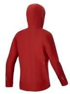 Alpinestars Veste Imperméable Stella A-Dura Elite, veste de pluie VTT pour femme, rouge fluo, vue de dos avec capuche compatible casque et construction en membrane 3L stretch ripstop