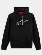 Sweat à capuche Alpinestars Ageless V3, streetwear décontracté, noir avec grand logo étoile brodé gris, capuche à cordon avec cordons gris, poche kangourou, manches longues, design moderne inspiré du sport automobile