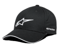 Casquette Alpinestars Rostrum, casquette de baseball noire avec logo étoile blanc brodé en 3D, visière incurvée avec détail sandwich blanc, lettrage Alpinestars sur le côté, accessoire lifestyle motorsport