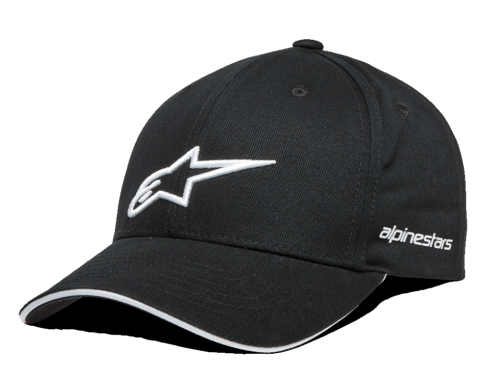 Casquette Alpinestars Rostrum, casquette de baseball noire avec logo étoile blanc brodé en 3D, visière incurvée avec détail sandwich blanc, lettrage Alpinestars sur le côté, accessoire lifestyle motorsport