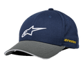 Alpinestars Rostrum Hat, Baseball Cap, Navy Blue and Grey, White Embroidered Star Logo, Yellow Side Branding, Curved Bill, Casual Motorsport Streetwear