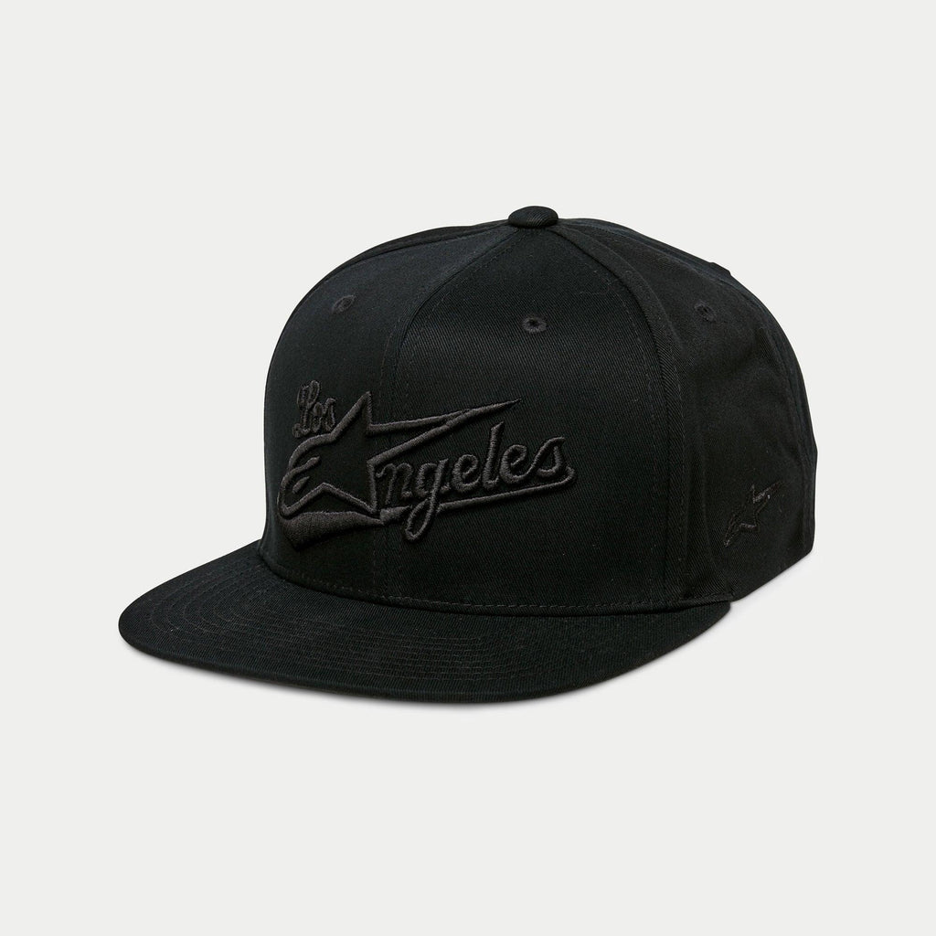 Casquette Alpinestars Los Angeles, casquette snapback à visière plate, noir, broderie 3D ton sur ton avec inscription Los Angeles et logo Ageless, couronne structurée, sportswear décontracté