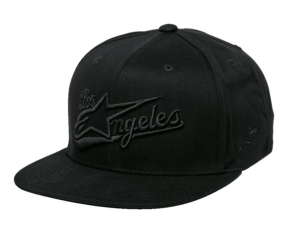 Casquette Alpinestars Los Angeles, snapback à visière plate, entièrement noire, broderie 3D de la police athlétique Los Angeles avec logo Ageless sur le devant, couronne structurée, style streetwear décontracté