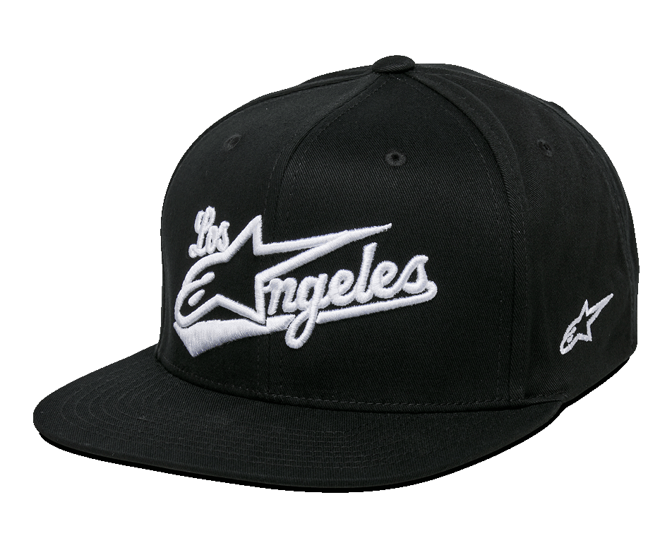 Casquette Alpinestars Los Angeles, snapback noire et blanche à visière plate, couronne structurée avec broderie 3D blanche avec police athlétique Los Angeles et logo Ageless, broderie latérale du logo, couvre-chef sportswear décontracté