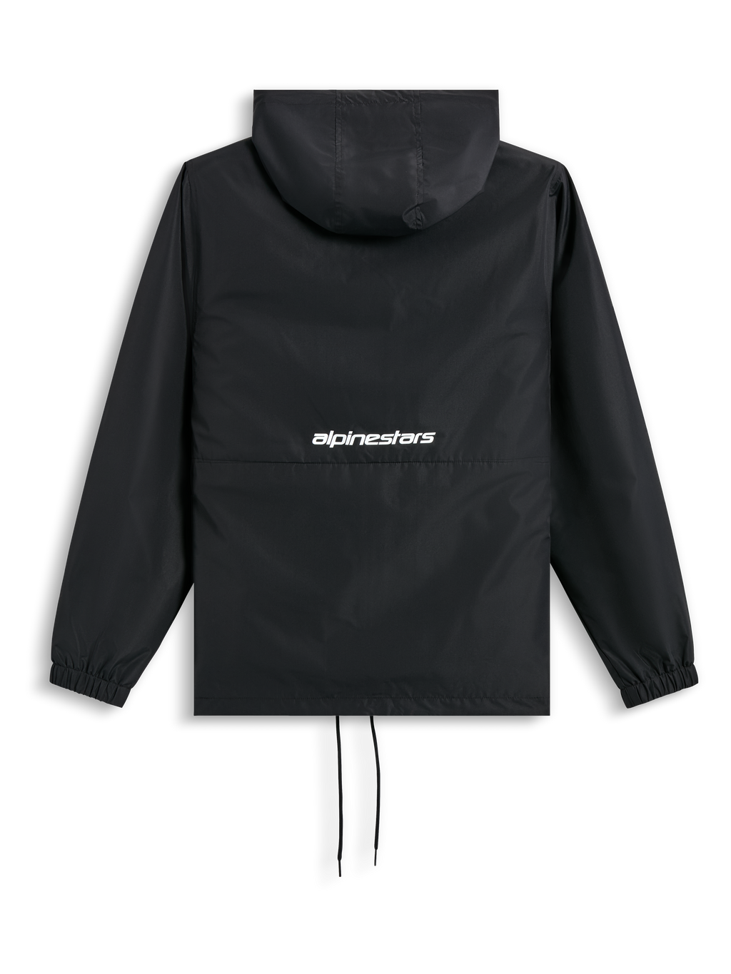 Alpinestars Speeder Chromium Windbreak Jacket, Black, back view showing hood, elastic cuffs, drawcord hem, and white word logo at the back