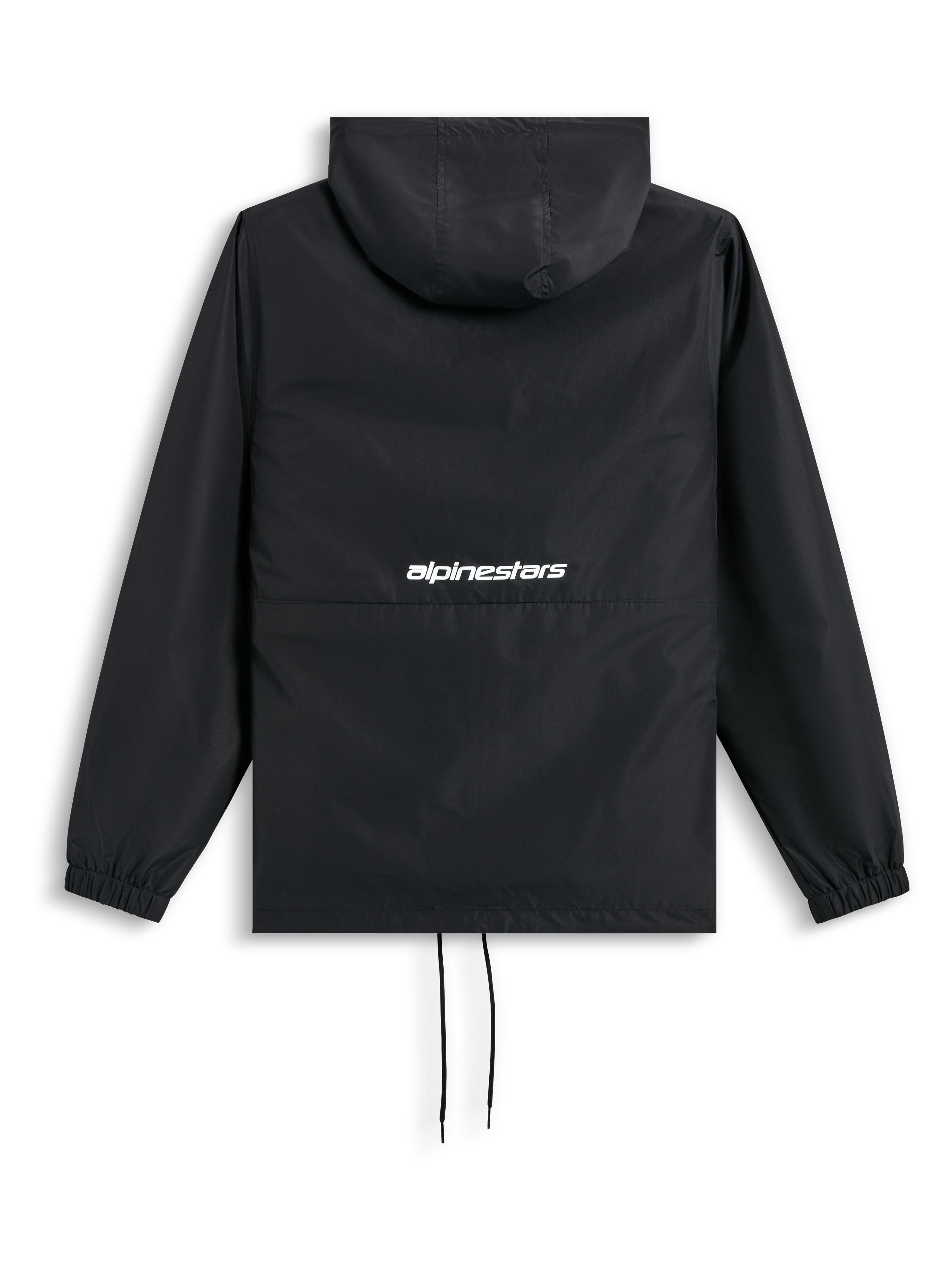 Alpinestars Speeder Chromium Windbreak Jacket, Black, back view showing hood, elastic cuffs, drawcord hem, and white word logo at the back