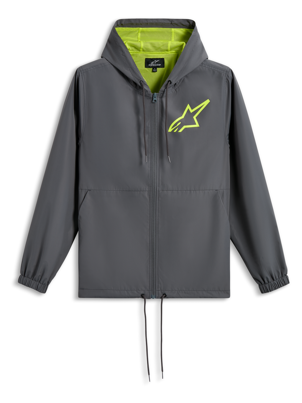 Veste coupe-vent Alpinestars Speeder Chromium, gris anthracite avec jaune haute visibilité, logo étoile vert citron sur la poitrine, capuche doublée de mesh, fermeture zippée intégrale avec cordon de serrage à l'ourlet, coupe-vent décontracté inspiré du sport automobile
