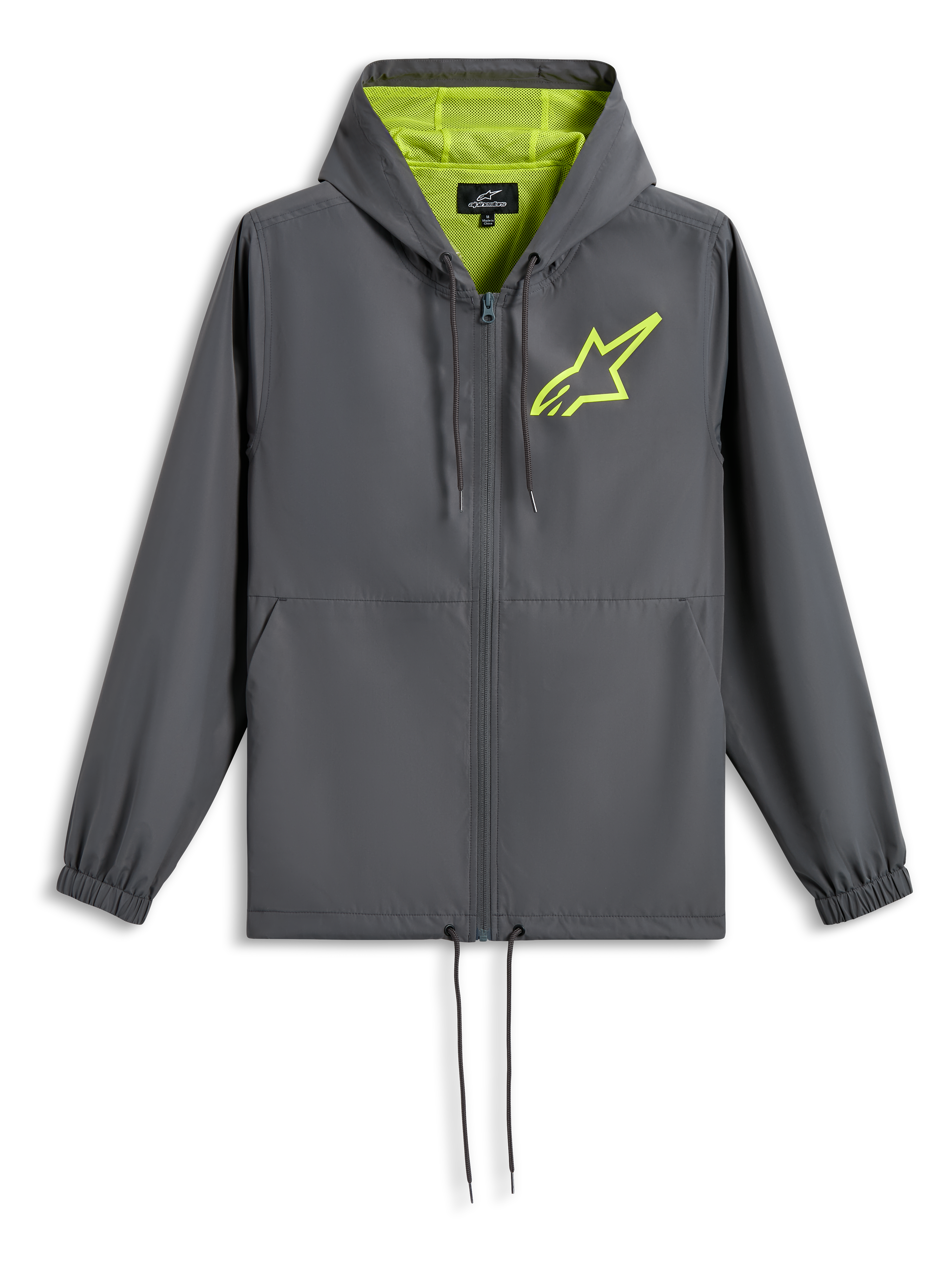 Veste coupe-vent Alpinestars Speeder Chromium, gris anthracite avec jaune haute visibilité, logo étoile vert citron sur la poitrine, capuche doublée de mesh, fermeture zippée intégrale avec cordon de serrage à l'ourlet, coupe-vent décontracté inspiré du sport automobile