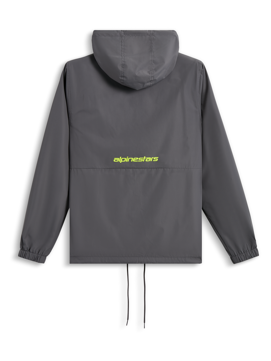 Veste coupe-vent Alpinestars Speeder Chromium, vue de dos, gris anthracite avec logo jaune haute visibilité au dos, coupe-vent à capuche avec poignets élastiqués et cordon de serrage à l'ourlet, streetwear décontracté d'inspiration sport automobile