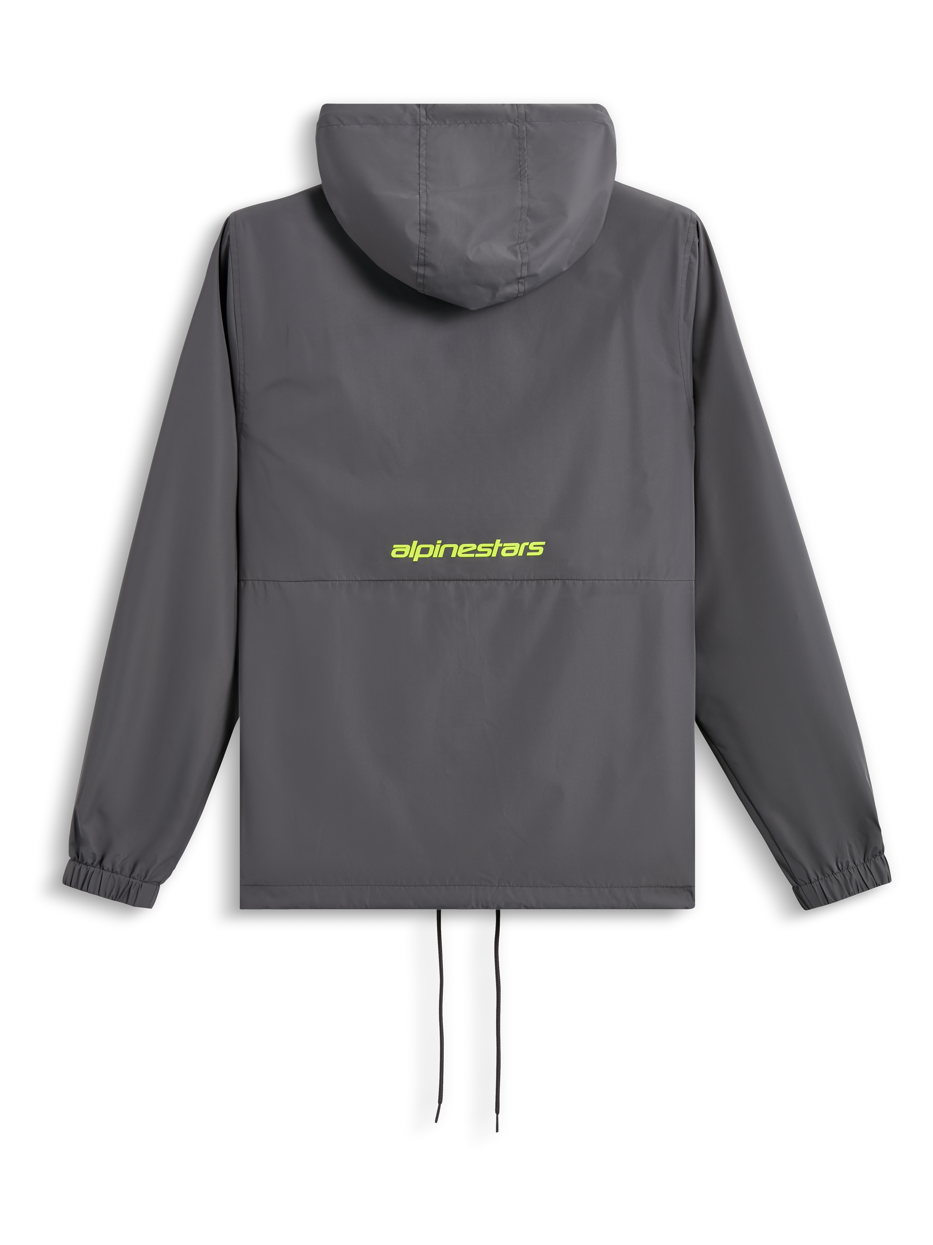 Veste coupe-vent Alpinestars Speeder Chromium, vue de dos, gris anthracite avec logo jaune haute visibilité au dos, coupe-vent à capuche avec poignets élastiqués et cordon de serrage à l'ourlet, streetwear décontracté d'inspiration sport automobile