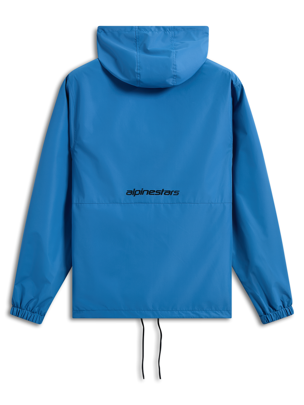 Veste coupe-vent Alpinestars Speeder Chromium, bleu vif, vue de dos avec logo Alpinestars noir, coupe-vent léger à capuche, poignets élastiques, ourlet ajustable avec cordons de serrage, vêtement d'extérieur décontracté inspiré du sport automobile