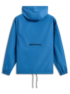 Veste coupe-vent Alpinestars Speeder Chromium, bleu vif, vue de dos avec logo Alpinestars noir, coupe-vent léger à capuche, poignets élastiques, ourlet ajustable avec cordons de serrage, vêtement d'extérieur décontracté inspiré du sport automobile