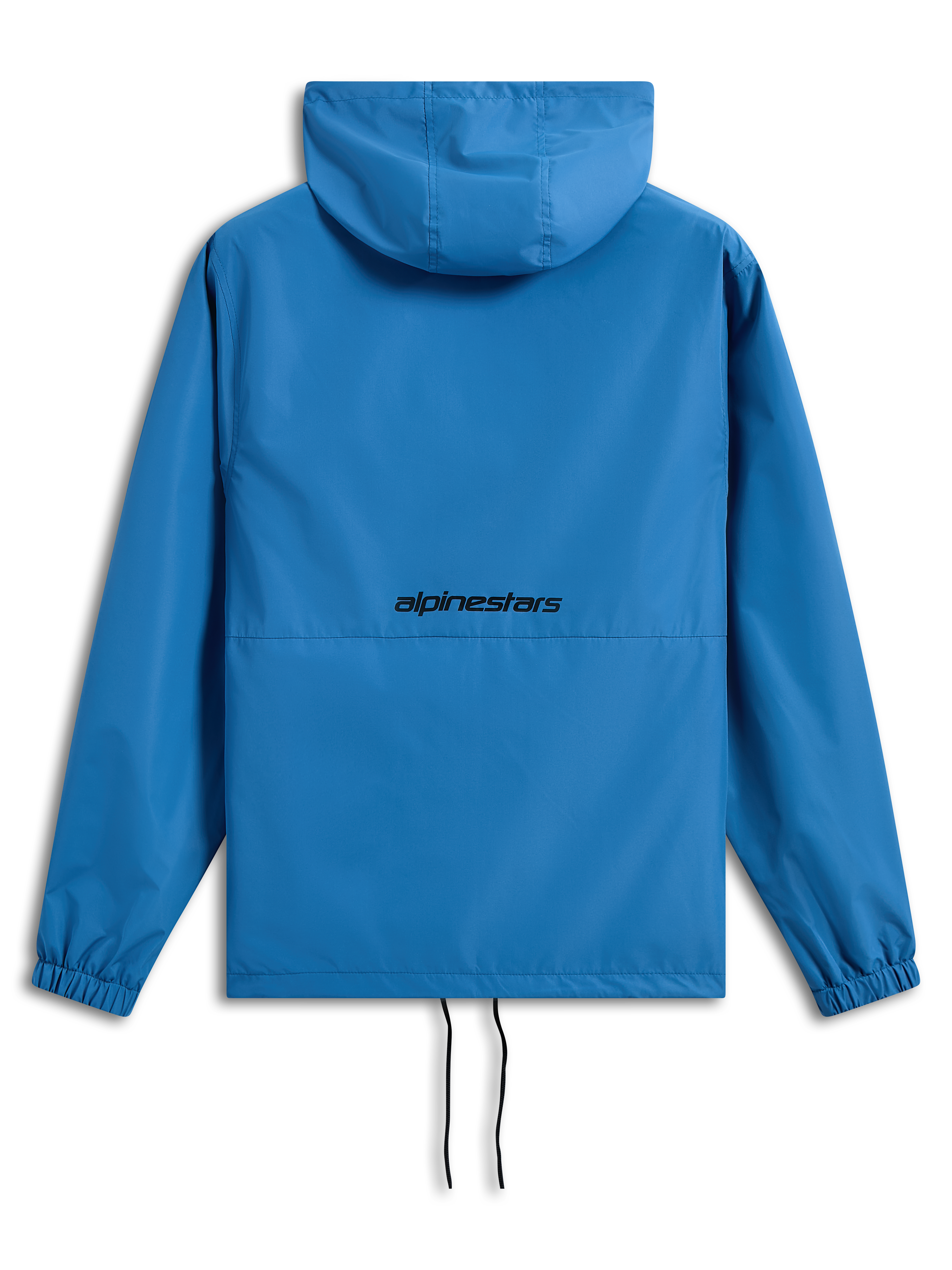 Veste coupe-vent Alpinestars Speeder Chromium, bleu vif, vue de dos avec logo Alpinestars noir, coupe-vent léger à capuche, poignets élastiques, ourlet ajustable avec cordons de serrage, vêtement d'extérieur décontracté inspiré du sport automobile