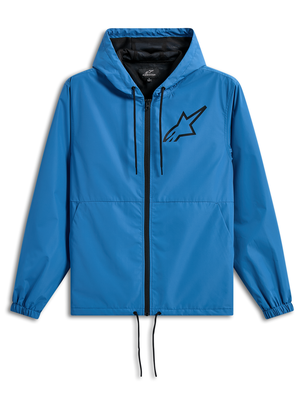 Veste coupe-vent Alpinestars Speeder Chromium, coupe-vent léger à capuche, bleu avec accents noirs, logo Astars noir sur la poitrine, doublure en mesh, fermeture éclair avant et cordons de serrage réglables à la capuche et à l'ourlet