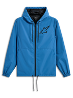 Veste coupe-vent Alpinestars Speeder Chromium, coupe-vent léger à capuche, bleu avec accents noirs, logo Astars noir sur la poitrine, doublure en mesh, fermeture éclair avant et cordons de serrage réglables à la capuche et à l'ourlet