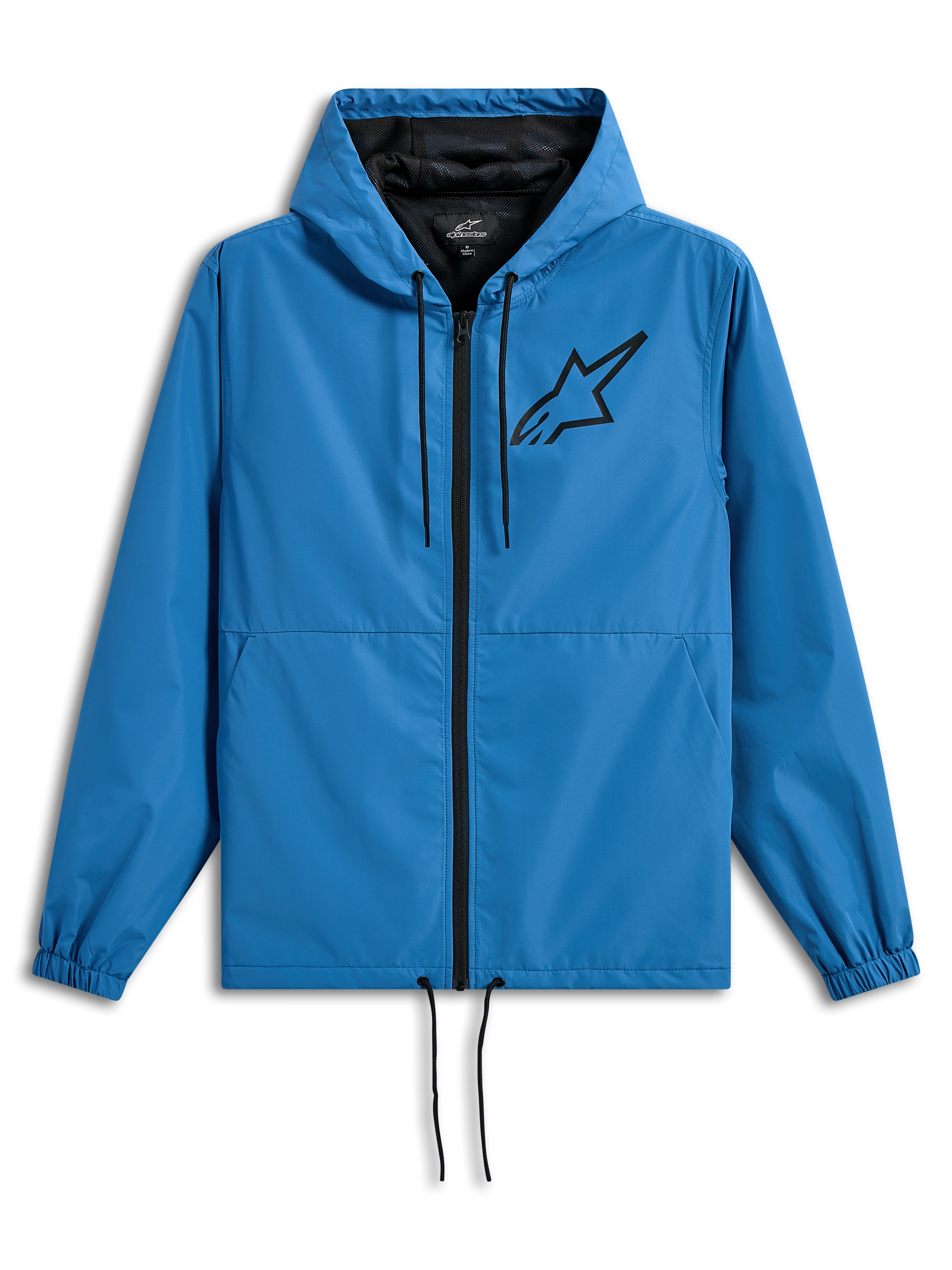 Veste coupe-vent Alpinestars Speeder Chromium, coupe-vent léger à capuche, bleu avec accents noirs, logo Astars noir sur la poitrine, doublure en mesh, fermeture éclair avant et cordons de serrage réglables à la capuche et à l'ourlet