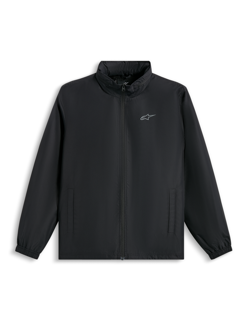 Veste Alpinestars Overhaul Racer, veste de pluie noire, avec petit logo argenté sur la poitrine, fermeture éclair avant intégrale et poches latérales, streetwear décontracté inspiré des sports mécaniques