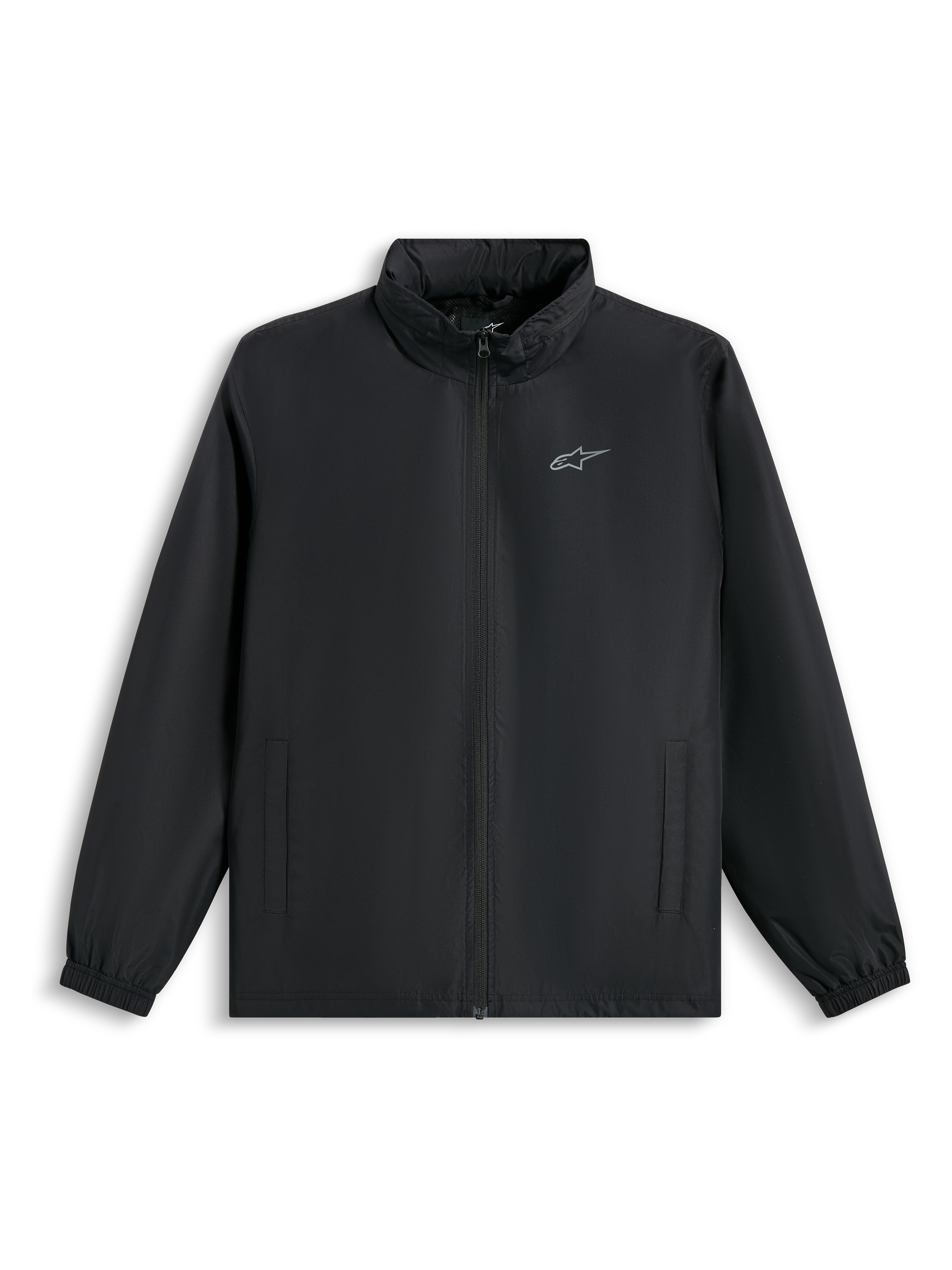 Veste Alpinestars Overhaul Racer, veste de pluie noire, avec petit logo argenté sur la poitrine, fermeture éclair avant intégrale et poches latérales, streetwear décontracté inspiré des sports mécaniques