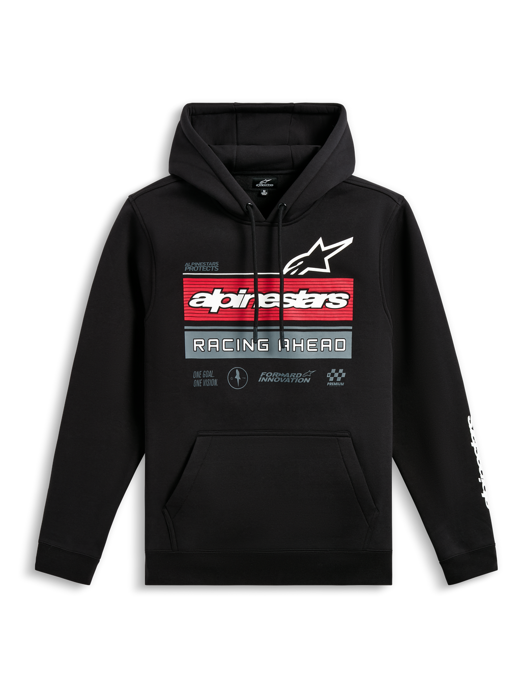 Sweat à capuche Alpinestars Harken, sweat à capuche noir, graphisme à l'avant avec logo Alpinestars et texte 'Racing Ahead', rayures horizontales rouges et grises, poche kangourou, logo wordmark blanc sur la manche, streetwear décontracté inspiré du sport automobile