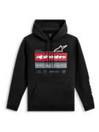 Sweat à capuche Alpinestars Harken, sweat à capuche noir, graphisme à l'avant avec logo Alpinestars et texte 'Racing Ahead', rayures horizontales rouges et grises, poche kangourou, logo wordmark blanc sur la manche, streetwear décontracté inspiré du sport automobile