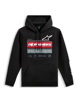 Sweat à capuche Alpinestars Harken, sweat à capuche noir, graphisme à l'avant avec logo Alpinestars et texte 'Racing Ahead', rayures horizontales rouges et grises, poche kangourou, logo wordmark blanc sur la manche, streetwear décontracté inspiré du sport automobile