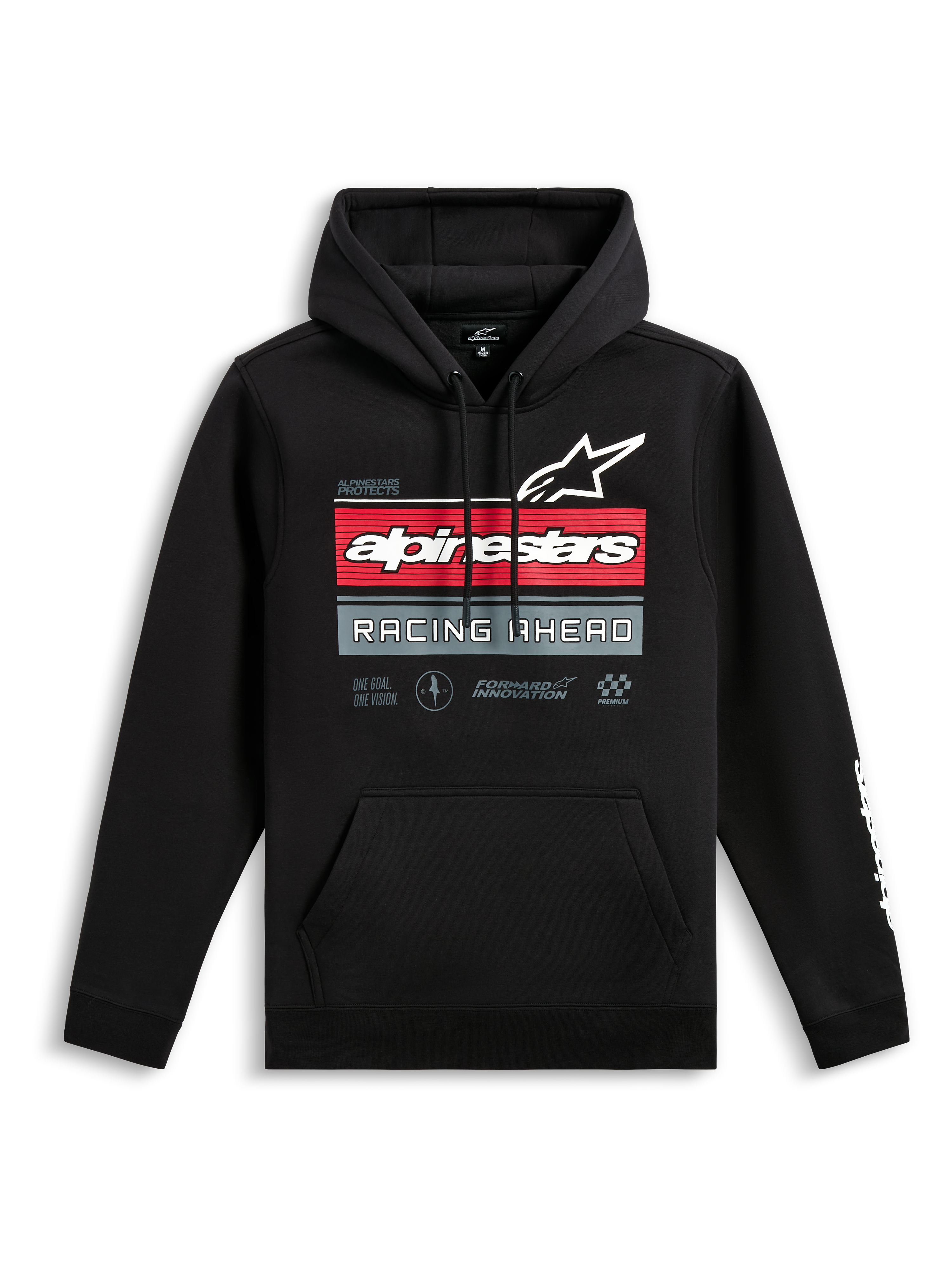 Sweat à capuche Alpinestars Harken, sweat à capuche noir, graphisme à l'avant avec logo Alpinestars et texte 'Racing Ahead', rayures horizontales rouges et grises, poche kangourou, logo wordmark blanc sur la manche, streetwear décontracté inspiré du sport automobile