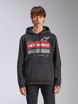 Sweat à capuche Harken Alpinestars, sweat à capuche noir en polaire, graphique en dégradé rouge et gris avec logo Alpinestars et texte 'Racing Ahead', poche kangourou, capuche à cordon et marquage sur la manche, design décontracté inspiré des sports mécaniques