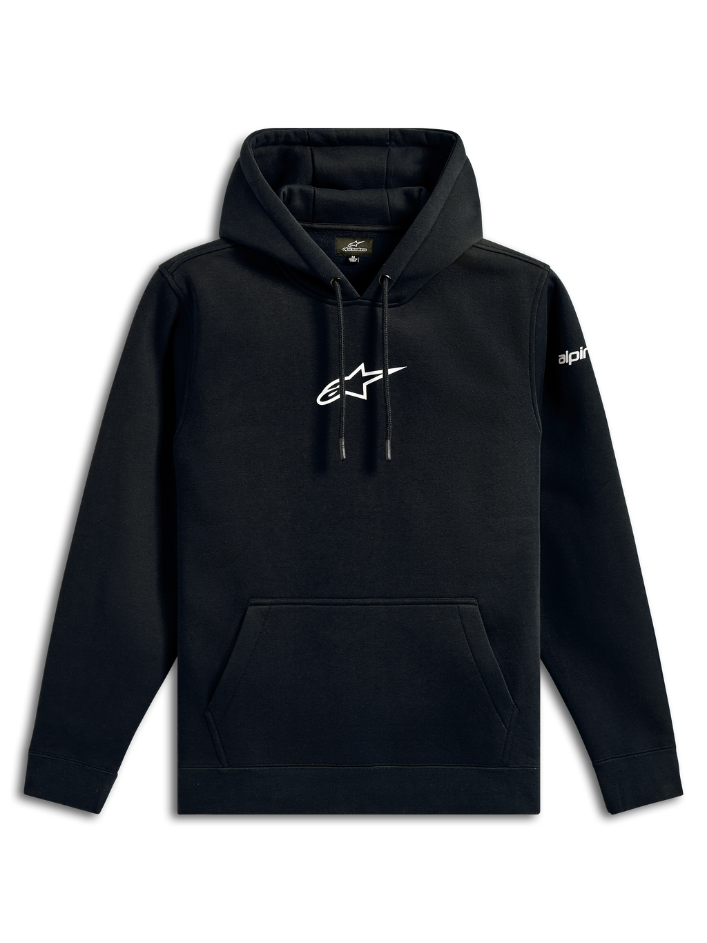 Alpinestars Frontal Hoodie, sweat à capuche streetwear décontracté, noir avec logo étoile Alpinestars blanc sur la poitrine, poche kangourou, capuche avec cordon de serrage, manches longues, design inspiré du sport automobile