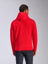 Alpinestars Frontal Hoodie, sweat à capuche en polaire, rouge, vue de dos montrant la capuche à cordon et l'ourlet côtelé, petit logo blanc sur la manche, streetwear décontracté inspiré du sport automobile