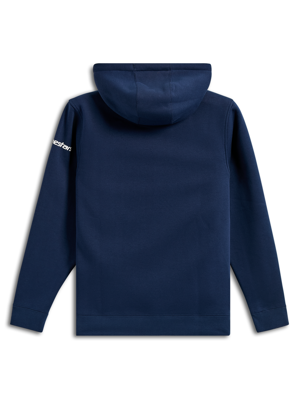 Sweat à capuche Frontal Alpinestars, pullover décontracté en polaire bleu marine, vue de dos, logo Alpinestars blanc sur la manche, poignets et ourlet côtelés, streetwear inspiré du sport automobile