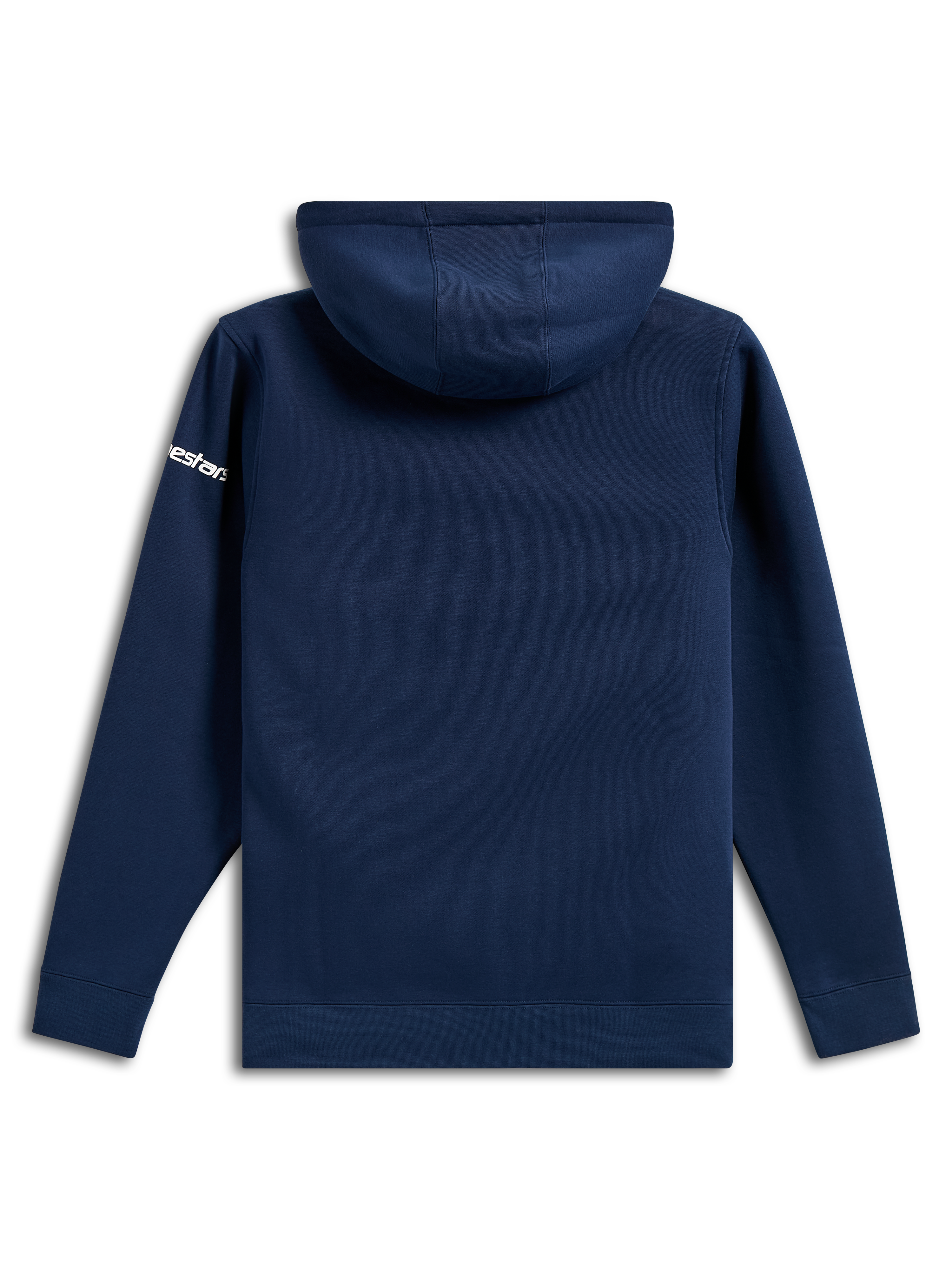 Sweat à capuche Frontal Alpinestars, pullover décontracté en polaire bleu marine, vue de dos, logo Alpinestars blanc sur la manche, poignets et ourlet côtelés, streetwear inspiré du sport automobile