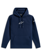 Sweat à capuche Alpinestars Frontal, style streetwear décontracté, bleu marine avec logo Astars blanc sur la poitrine et lettrage sur la manche, capuche à cordon de serrage, poche kangourou, design moderne inspiré par les sports mécaniques