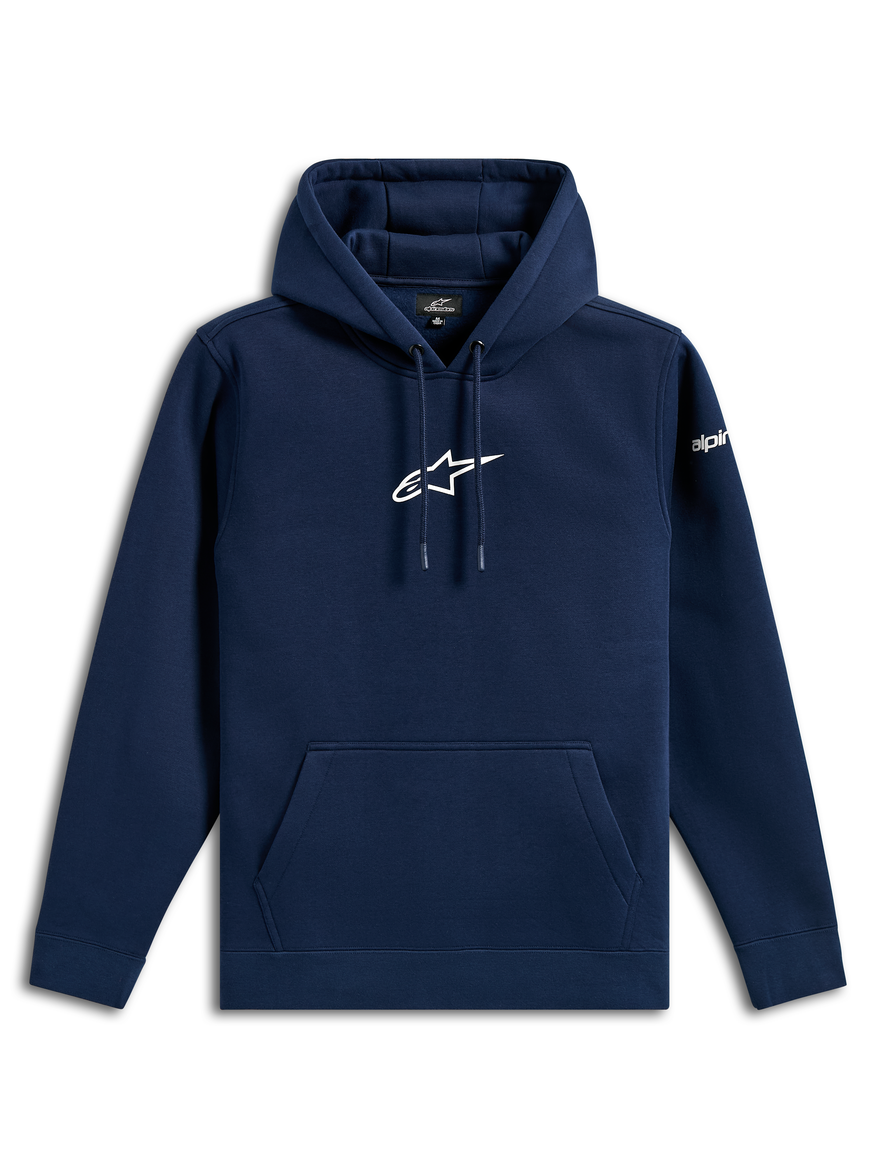 Sweat à capuche Alpinestars Frontal, style streetwear décontracté, bleu marine avec logo Astars blanc sur la poitrine et lettrage sur la manche, capuche à cordon de serrage, poche kangourou, design moderne inspiré par les sports mécaniques