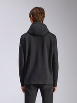 Sweat à capuche Frontal Alpinestars, noir, vue de dos d'un sweat-shirt à capuche décontracté, avec capuche doublée, ourlet côtelé et logo wordmark blanc sur la manche, streetwear inspiré des sports mécaniques.