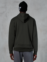 Alpinestars Essentials Ageless Hoodie, back view, Off Black, casual streetwear, model wearing black beanie with white star logo and grey pants, premium fleece with stone-wash finish