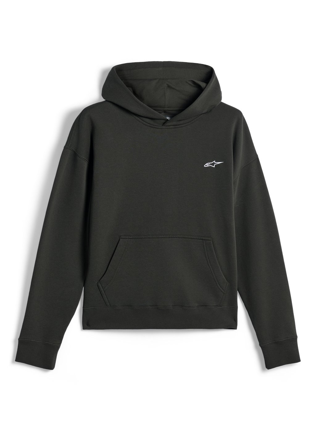 Sweat à capuche Alpinestars Essentials Ageless, streetwear décontracté, noir Off Black avec petit logo Astars blanc, modèle à enfiler avec capuche et poche kangourou frontale, finition premium en molleton délavé à la pierre