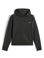 Sweat à capuche Alpinestars Essentials Ageless, streetwear décontracté, noir Off Black avec petit logo Astars blanc, modèle à enfiler avec capuche et poche kangourou frontale, finition premium en molleton délavé à la pierre
