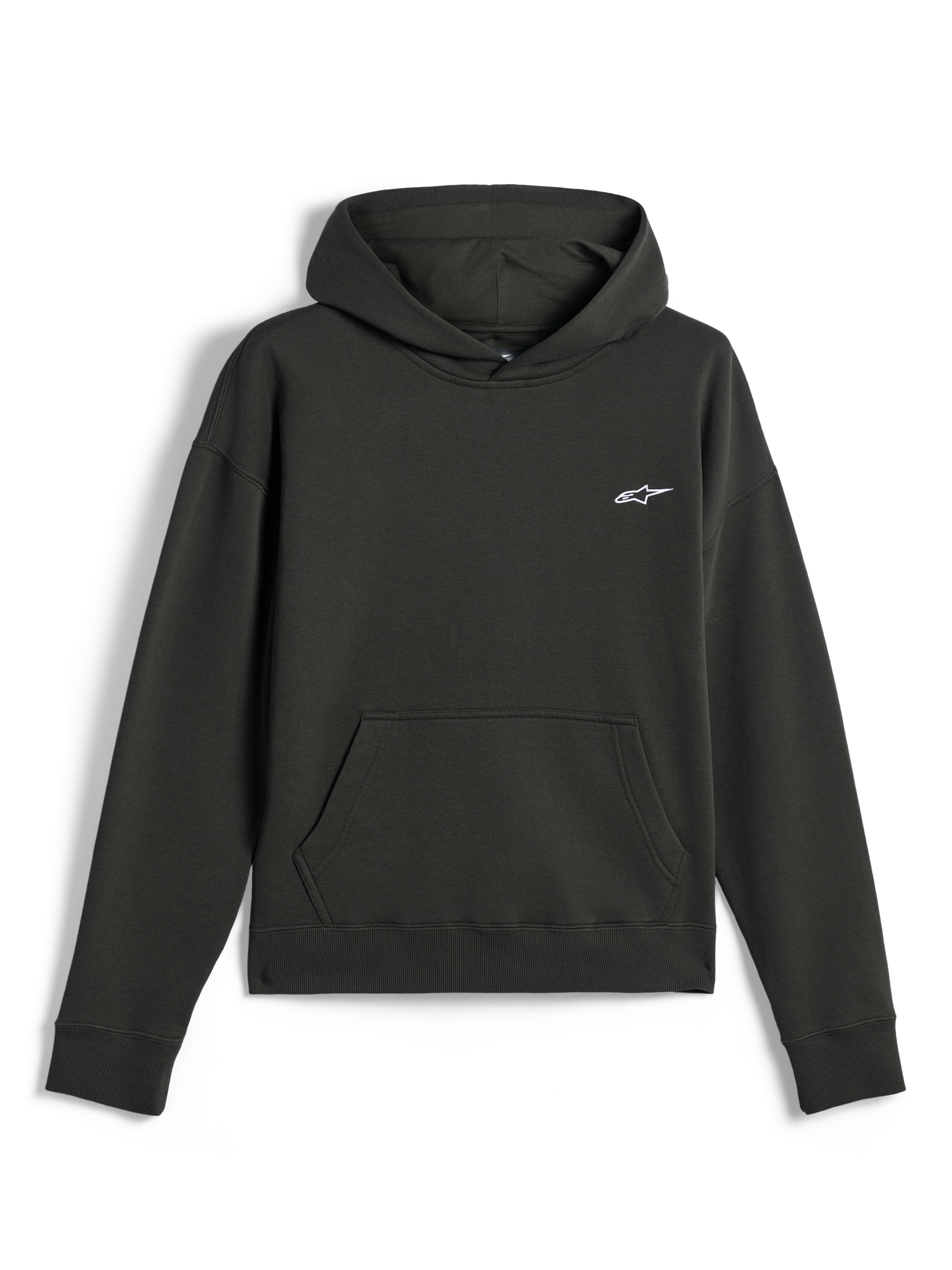 Sweat à capuche Alpinestars Essentials Ageless, streetwear décontracté, noir Off Black avec petit logo Astars blanc, modèle à enfiler avec capuche et poche kangourou frontale, finition premium en molleton délavé à la pierre