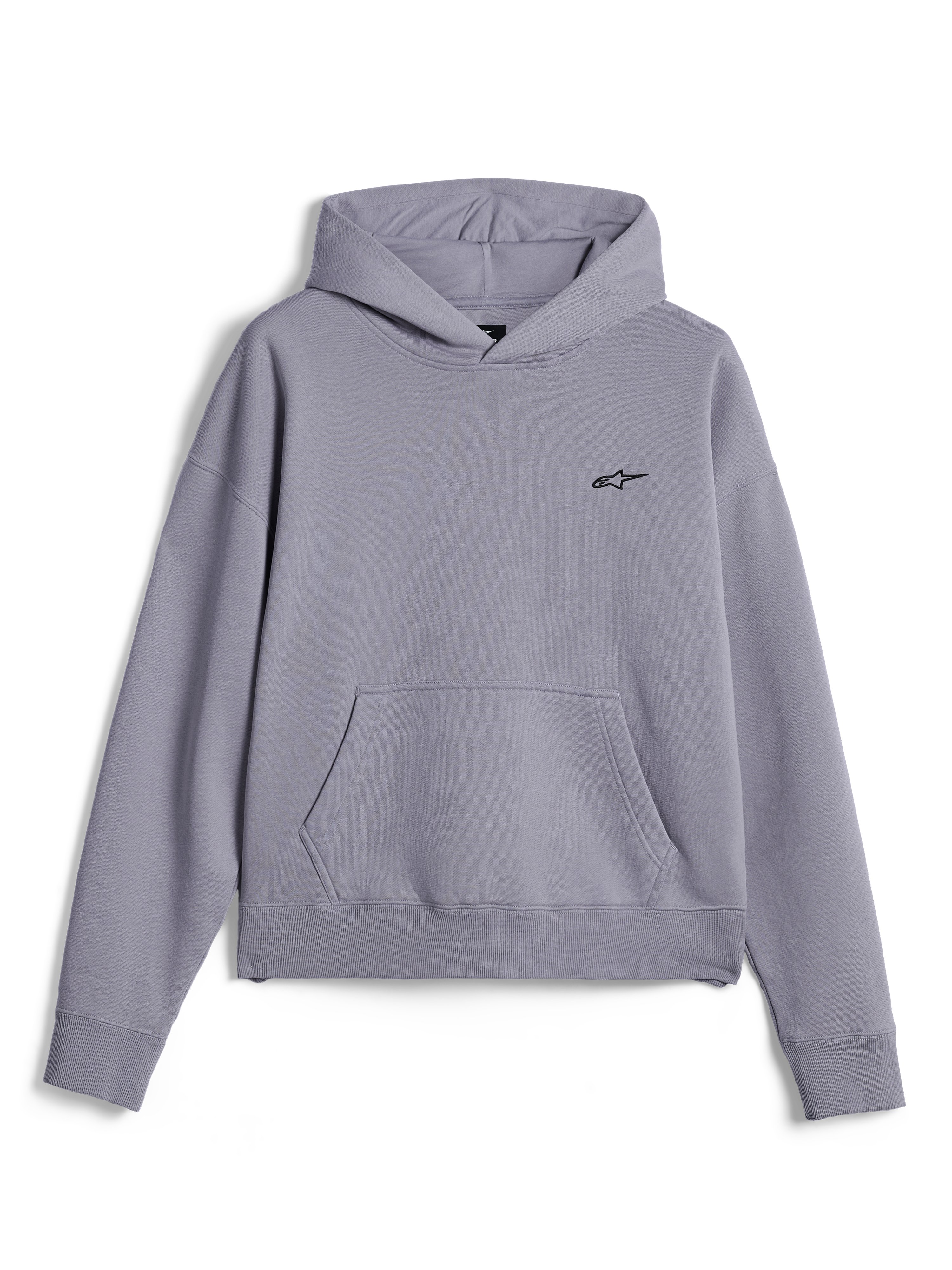 Sweat à capuche Alpinestars Essentials Ageless, style streetwear décontracté, molleton argenté avec finition délavée à la pierre, petit logo Astars noir sur la poitrine, poche kangourou frontale, design pullover avec capuche