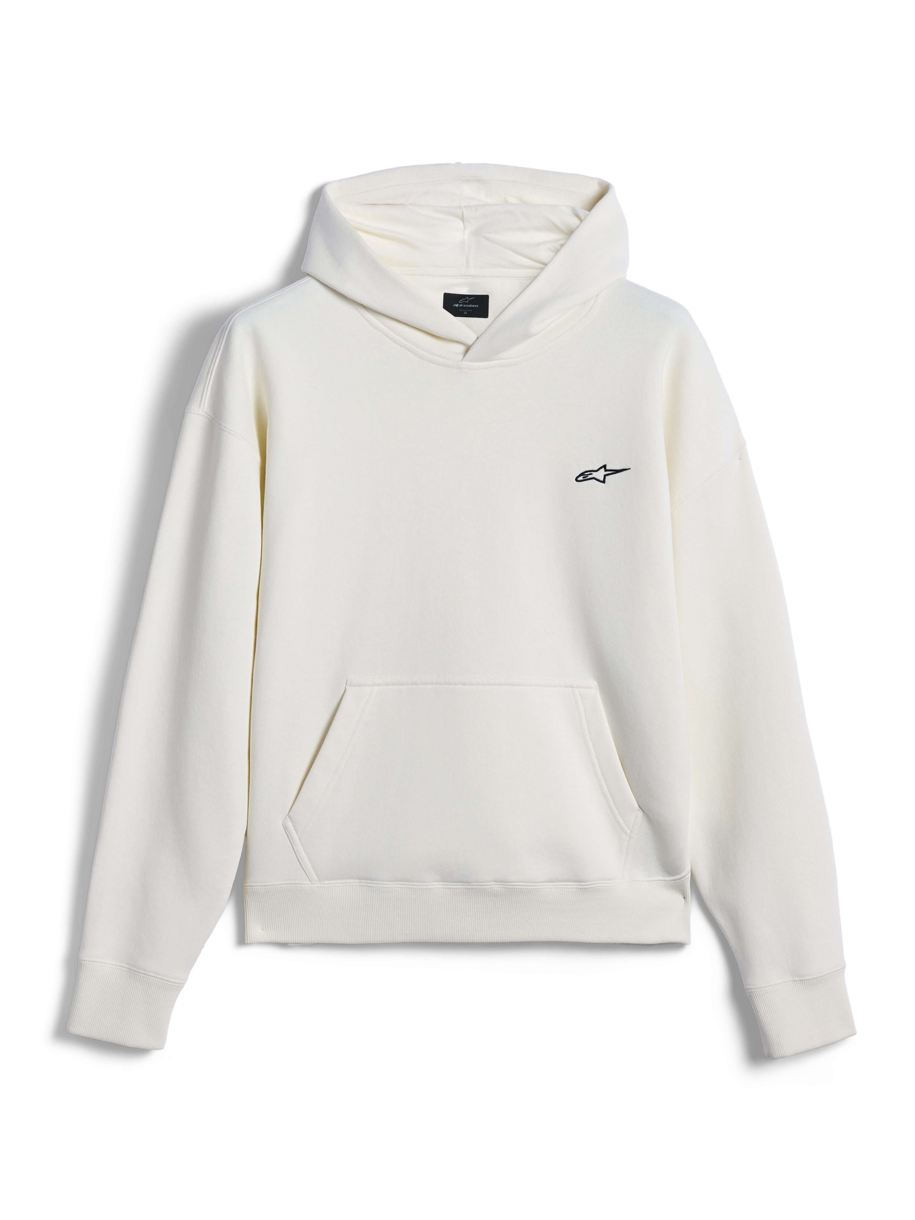 Sweat à capuche Alpinestars Essentials Ageless, streetwear décontracté, blanc cassé avec petit logo Astar noir sur la poitrine, poche kangourou, manches longues, design minimaliste inspiré du sport automobile