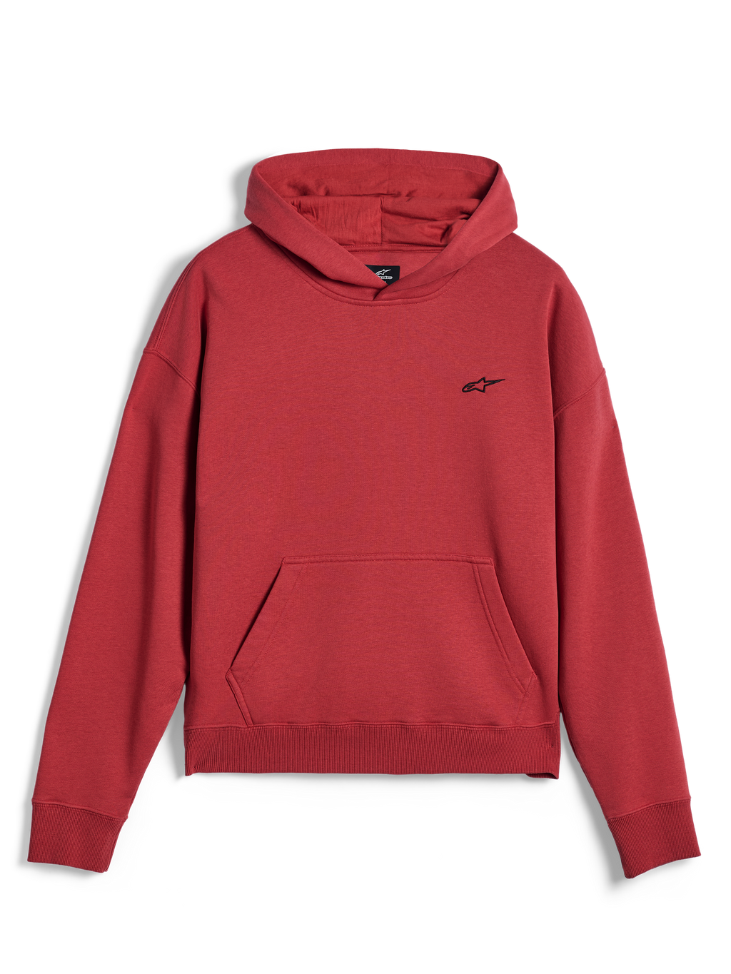 Sweat à capuche Alpinestars Essentials Ageless, vêtement de sport décontracté, rouge brique, avec un petit logo étoile Alpinestars noir sur la poitrine, poche kangourou, ourlet et poignets côtelés, design streetwear minimaliste