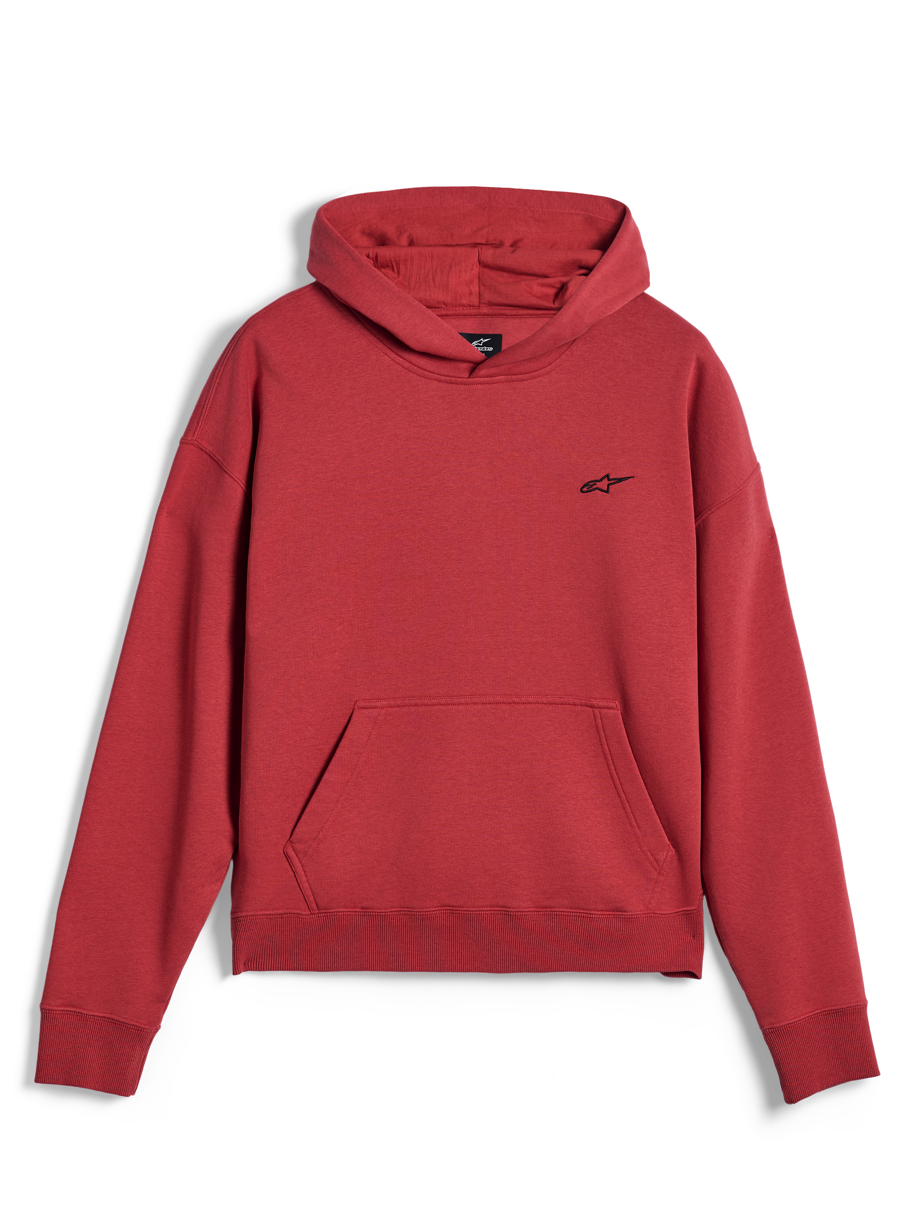 Sweat à capuche Alpinestars Essentials Ageless, vêtement de sport décontracté, rouge brique, avec un petit logo étoile Alpinestars noir sur la poitrine, poche kangourou, ourlet et poignets côtelés, design streetwear minimaliste