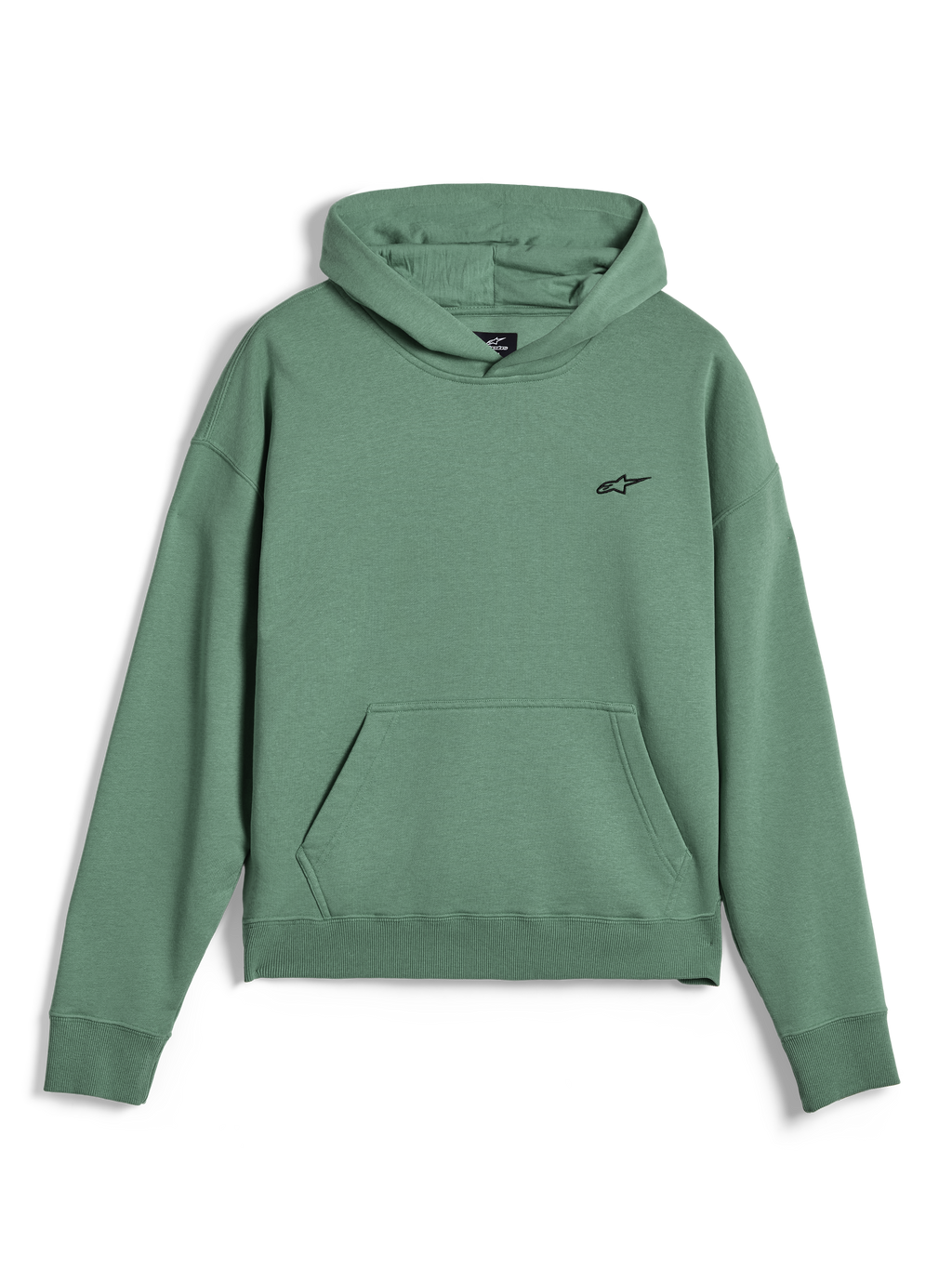 Sweat à capuche Alpinestars Essentials Ageless, pullover streetwear décontracté, vert Cactus avec finition délavée, petit logo Alpinestars noir sur la poitrine, poche kangourou à l'avant, poignets et ourlet côtelés, molleton de qualité supérieure